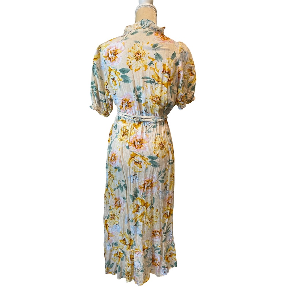 Old Navy Yellow Floral Ruffle Wrap Midi Dress Short Puff Sleeve Medium - Picture 2 of 3